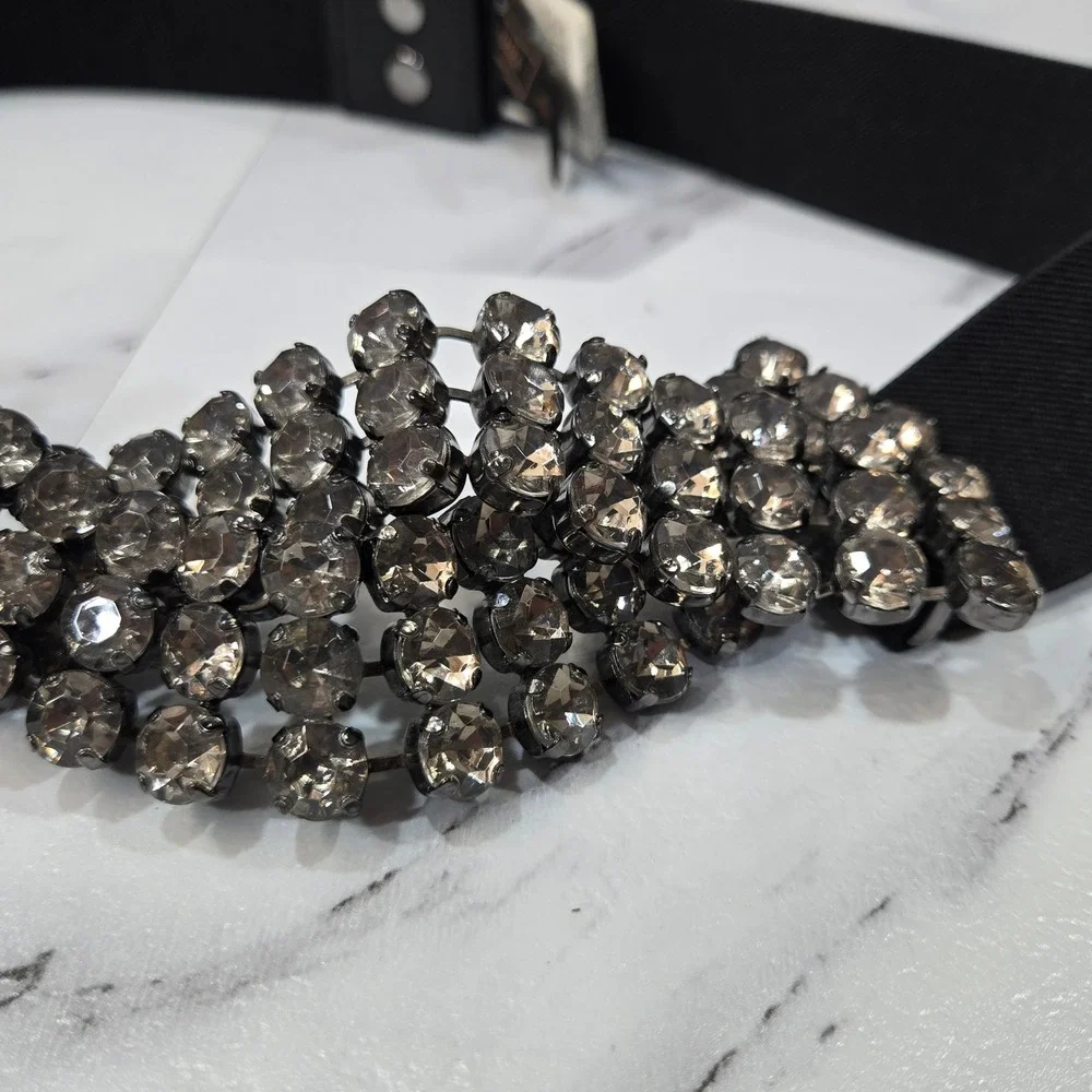 BCBGMAXAZRIA Waist Belt Medium Black Rhinestone Crystal Mesh Elastic Stretch